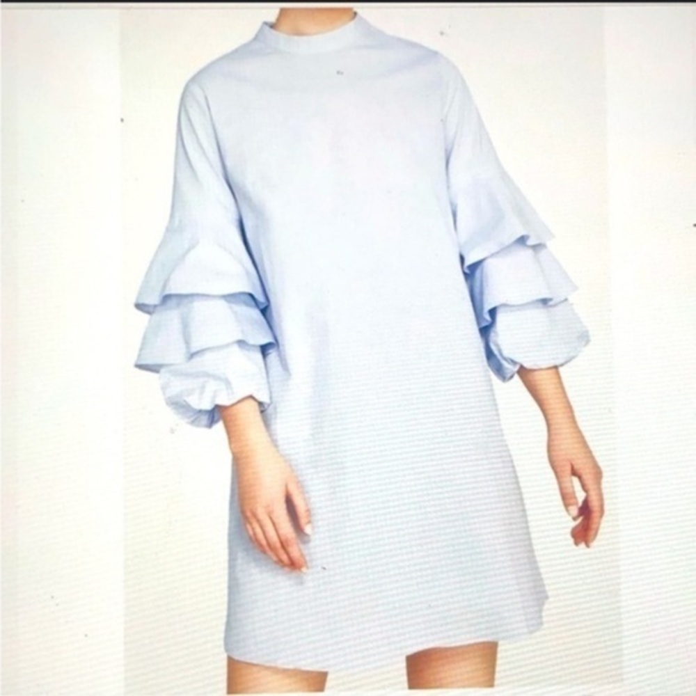 ๐ผ๐ Zara ruffle sleeve high neck dress chambray blue medium